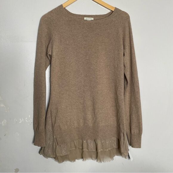 Garnet Hill Shirttail Cashmere Sweater Layered M Oatmeal 100% Cashmere Lace Hem - Picture 2 of 7